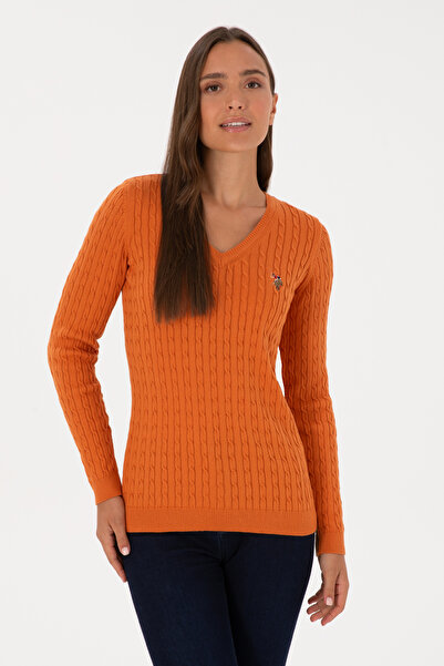 U.S. Polo Assn. Pulover de damă cupru cu decolteu în V basic 50307700-VR182