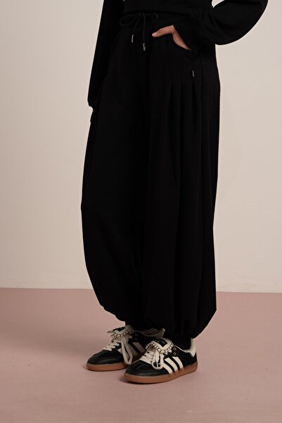 LOCO 09-15 YAŞ ARASI KIZ ÇOCUK 2 İPLİK LASTİK PAÇA PANTOLON - SİYAH