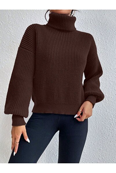 pepule Premıum Kalın kahve Zincir Desenli Balon Kol Örme Triko Boğazlı Kadın Kazak