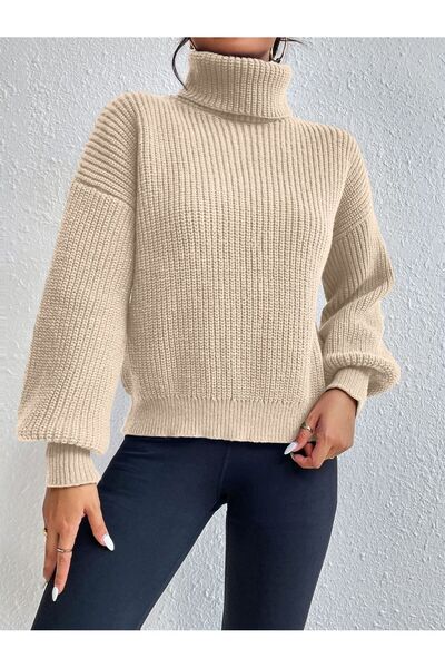 pepule Pulover de damă premium, gros, bej, cu model de lanț, cu mâneci balon, din material subțire