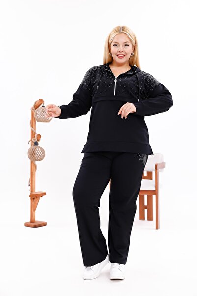 Siyezen Plus Size Hooded Stone Detailed Suit