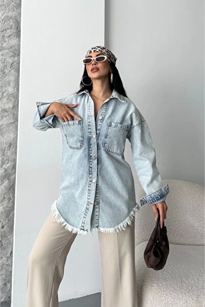 hibiscus سترة جينز زرقاء مغسولة بالثلج مع جيوب وشرابات D2515