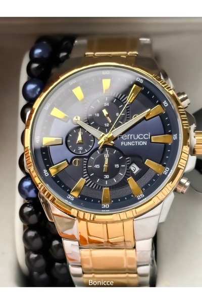 Ferrucci Fonksiyonlu Erkek Kol Saati, Sertifikalı ,Garantili, Sarı lacivert Çelik Kordon Çift Bileklik