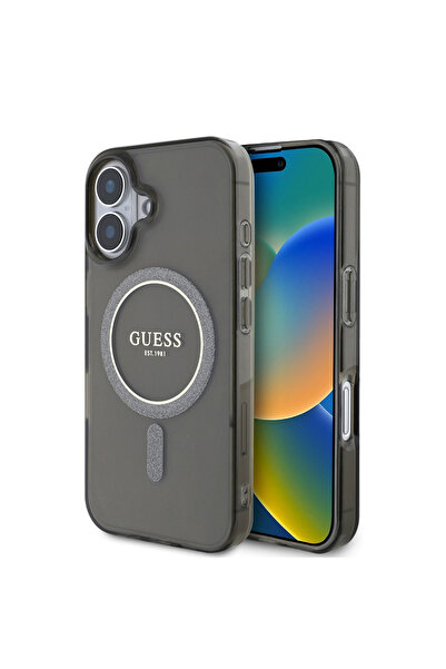 Guess Husa iPhone 16 originala IML Glitter Circle MagSafe, negru, GUHMP16SHFG...