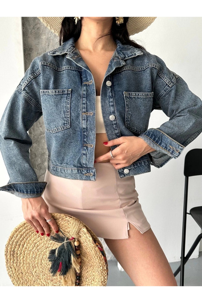 hibiscus Double Pocket Sleeve Fold Snow Wash Crop Denim Jacket Coffee Tint D2000