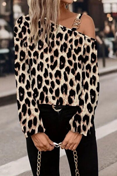 Mossta Open Shoulder Buckle Detailed Modal Blouse - Leopard