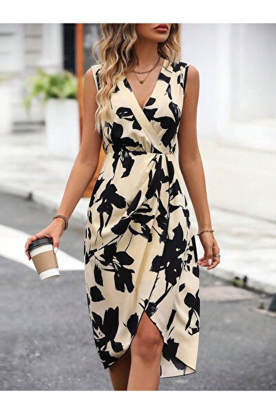 Sisa Butik Kadın Sıfır Kol Kruvaze Yaka önden çapraz Kesim Detaylı Desenli Sü...