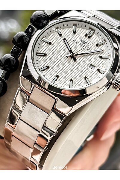 FERRO Men's Wristwatch, Silver White Steel Band, Simple Stylish Model with Calendar, Double Bracelet