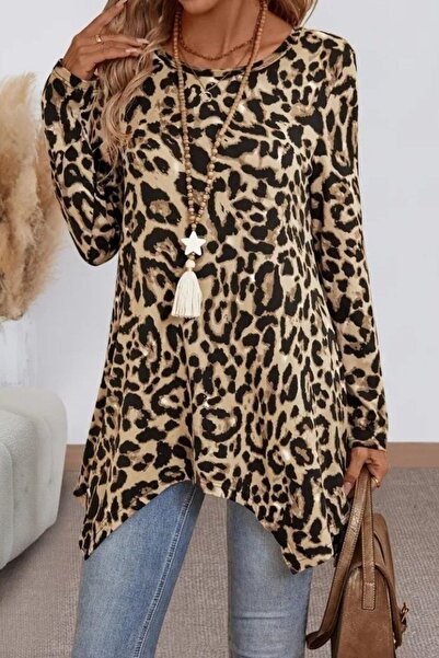 Mossta Leopard Print Asymmetrical Cut Single Jersey Blouse - Leopard