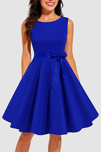 Deafox Saks Blue Women's Thick Strap Round Neck Belted Pleated Crepe Fabric Dress