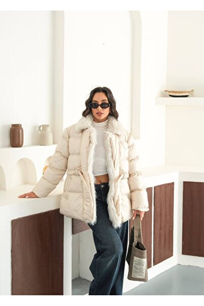 manana fashion Cream Fur Collar Belted Puffer Coat