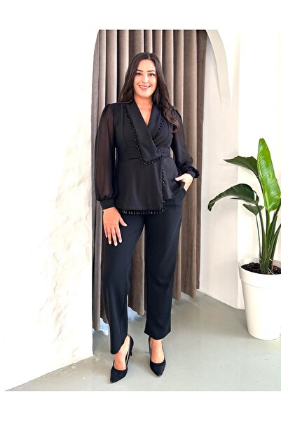 Şirin Butik Γυναικείο μαύρο μεγάλου μεγέθους μπουφάν με πέτο με λεπτομέρεια από πέτρα με μακρυμάνικο βραδινό φόρεμα δύο τεμαχίων