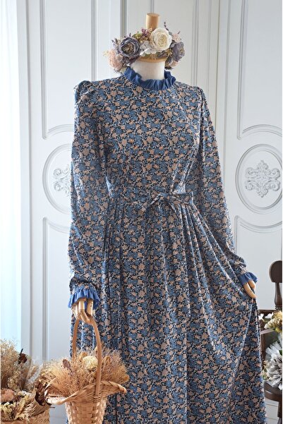 EMİNOS BUTİK Floral Dress Blue Salmon