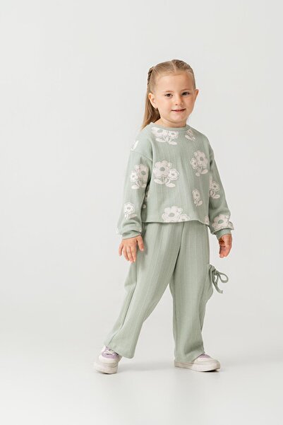 Magu Dívčí bavlněný oblek se zeleným květinovým vzorem – kalhoty se zavazováním