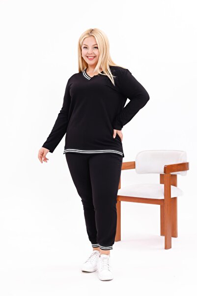 Siyezen Plus Size V-Neck Stripe Detailed Suit