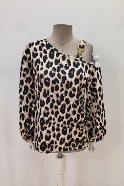Mossta Open Shoulder Buckle Detailed Modal Blouse - Leopard
