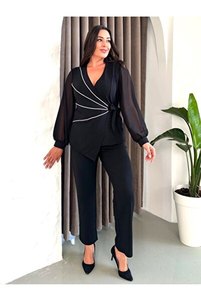 Şirin Butik Women's Black Plus Size Double Breasted Collar Stone Stripe Detailed Evening Dress Two Piece Set