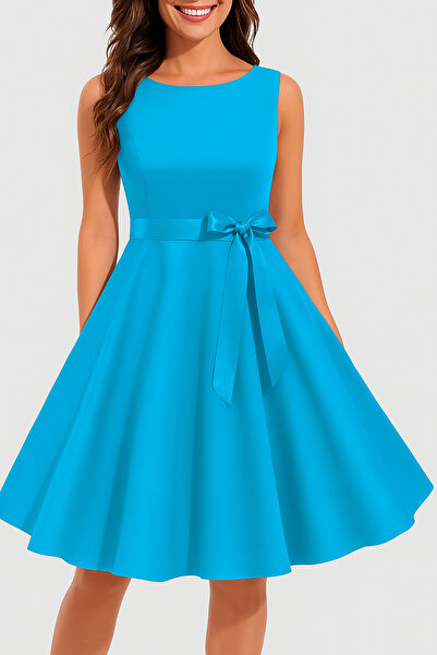 Deafox Light Blue Women's Thick Strap Round Neck Belted Pleated Crepe Fabric Dress