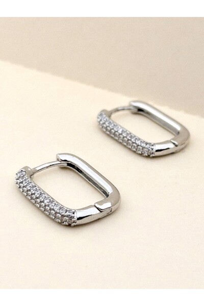 Siya Silver Özel Seri Kararmaz Çelik Zirkon Taşlı Dikdörtgen Küpe - 2 cm