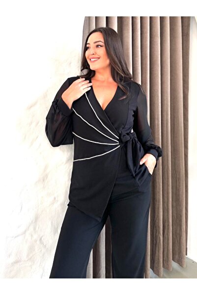 Şirin Butik Women's Black Plus Size Double Breasted Collar Stone Stripe Detailed Evening Dress Two Piece Set