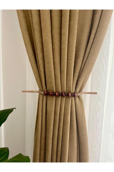 Toksuzdesign Boncuklu Ahşap Bohem Perde Tutucu | Salon & Oda İçin Dekoratif K...