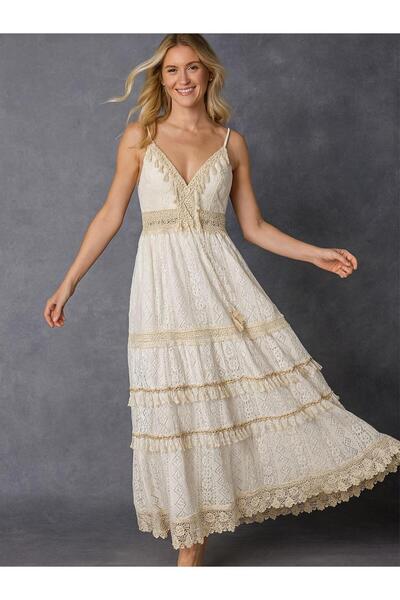 Butik İtalyan Dantel Elbise - BEYAZ