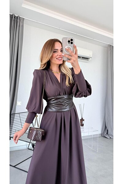 pelin yıldız butik Deri Kemerli Kahverengi Elbise