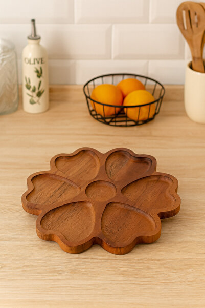 Çavdar Group Acacia Luxury Presentation Plate 25 cm 7-Compartment Heart-Shaped Presentation Serving Breakfast Plate