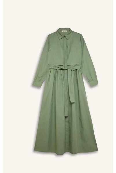 Nura Francy Women's Green Trend Long Sleeve Suitable Poplin Shirt Dress