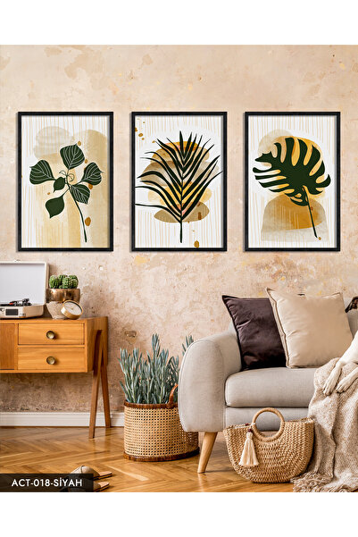 CeSht Pictură cu pene de frunze verzi, 3 piese, cu rama din lemn negru