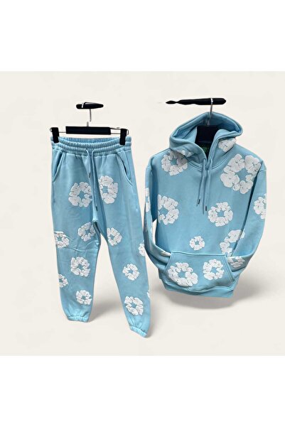TRS YB GİYİM Unisex Oversize 3 İplik Eşofman Takım Kabartmalı Çiçek Desenli Hoodie ve Sweatpants Streetwear