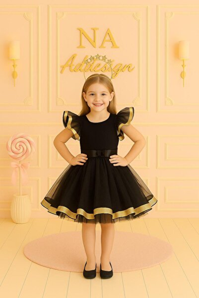 NA ADDESIGN Φόρεμα Princess Puffy για κορίτσια με λεπτομέρειες από μαύρο χρυσ...