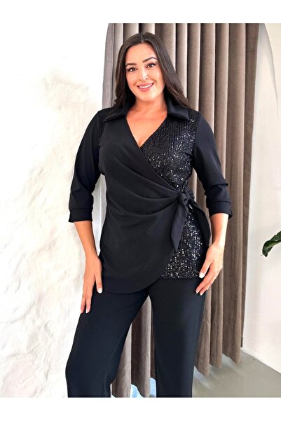 Şirin Butik Γυναικείο Μεγάλο Μέγεθος Μαύρο Βραδινό Φόρεμα με Λεπτομέρεια με Παγιέτες με Πέτο διπλό πέτο Μακρυμάνικο Σετ δύο τεμαχίων