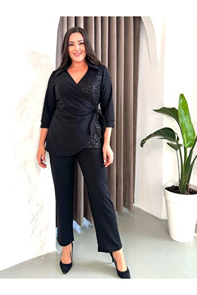 Şirin Butik Γυναικείο Μεγάλο Μέγεθος Μαύρο Βραδινό Φόρεμα με Λεπτομέρεια με Παγιέτες με Πέτο διπλό πέτο Μακρυμάνικο Σετ δύο τεμαχίων