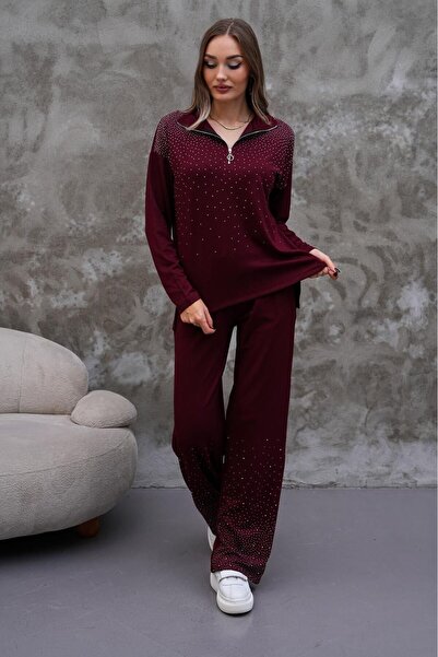 AGORATEKSTİL طقم نسائي من قماش الفيسكوز بسحاب وياقة علوية وسفلية