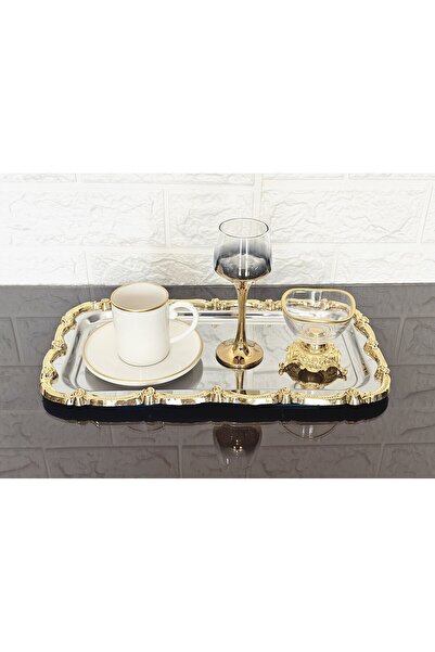 atabey home 2-Piece Presentation Tray & Baton Cake Serving Steel Tray Cast Gold Frame 32 cm