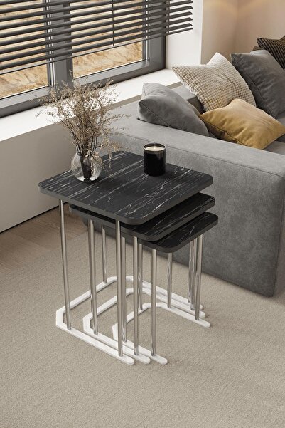 home plus mobilya 3' Lü Kare Zigon Sehpa Gümüş Ayak Siyah Mermer 18 mm Mdf