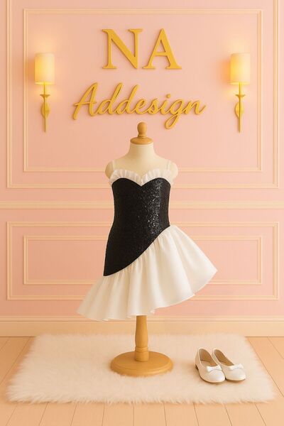NA ADDESIGN Girls' Sweetheart Neck Sequined Two-Color Party Dress Sequined Children's Dress (Red-Black Option)