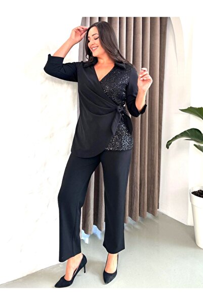 Şirin Butik Γυναικείο Μεγάλο Μέγεθος Μαύρο Βραδινό Φόρεμα με Λεπτομέρεια με Παγιέτες με Πέτο διπλό πέτο Μακρυμάνικο Σετ δύο τεμαχίων