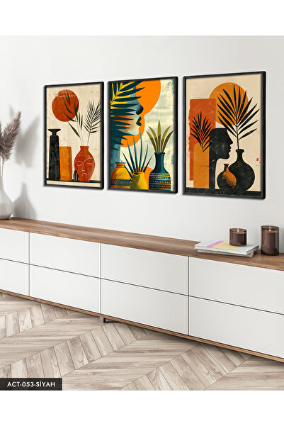 CeSht Bohem Tarz Modern 3 Parça Siyah Ahşap Çerçeveli Tablo