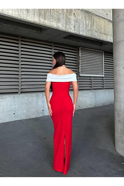 Modafeminen Crepe Stretch Fabric Madonna Collar Garnished Evening Dress 583257 Red