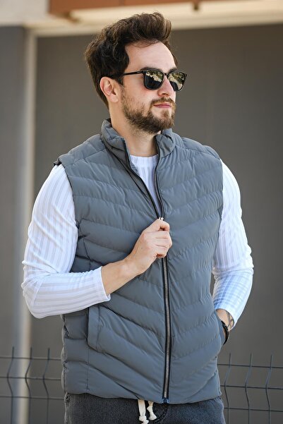 Oksit Faxy Pocketed Stand Collar Nova Shiny Fabric Men's Puffer Vest