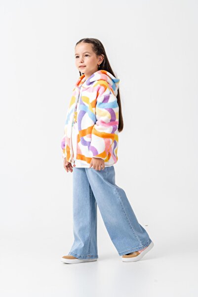 Magu Girls' Cotton Colorful Patterned Hooded Zippered Fleece Coat - Comfortable Outerwear