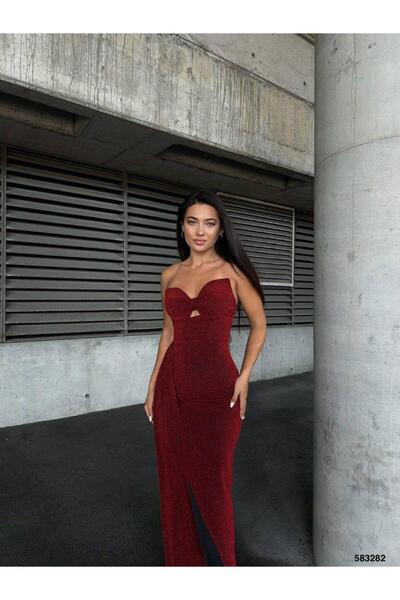 Modafeminen Flowers Stretch Fabric Strapless Pleated Detail Slit Evening Dress 583282 Red