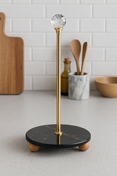 MİS KİTCHEN Napkin Holder Crystal Ball Gold Rod Round Black Glass - Wooden St...