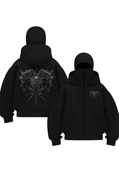 1blood Black gothic warrior print hooded sweatshirt cardigan