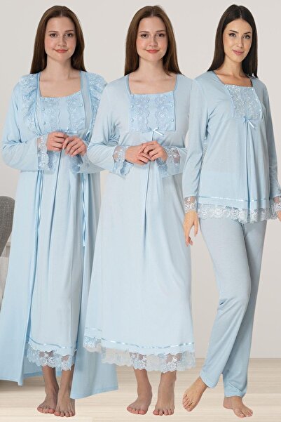 Lohussa Γυναικείο Σετ Νυχτικό Πιτζάμες Μακρυμάνικο Μπλε Δαντελένιο Ειδικού Σχ...