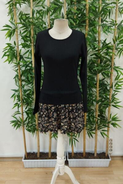 Mossta Crew Neck Ribbed Camisole Blouse and Skirt - Patterned