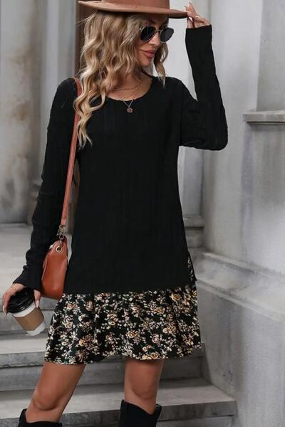 Mossta Crew Neck Ribbed Camisole Blouse and Skirt - Patterned