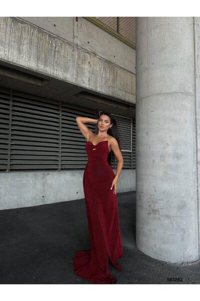 Modafeminen Flowers Stretch Fabric Strapless Pleated Detail Slit Evening Dress 583282 Red